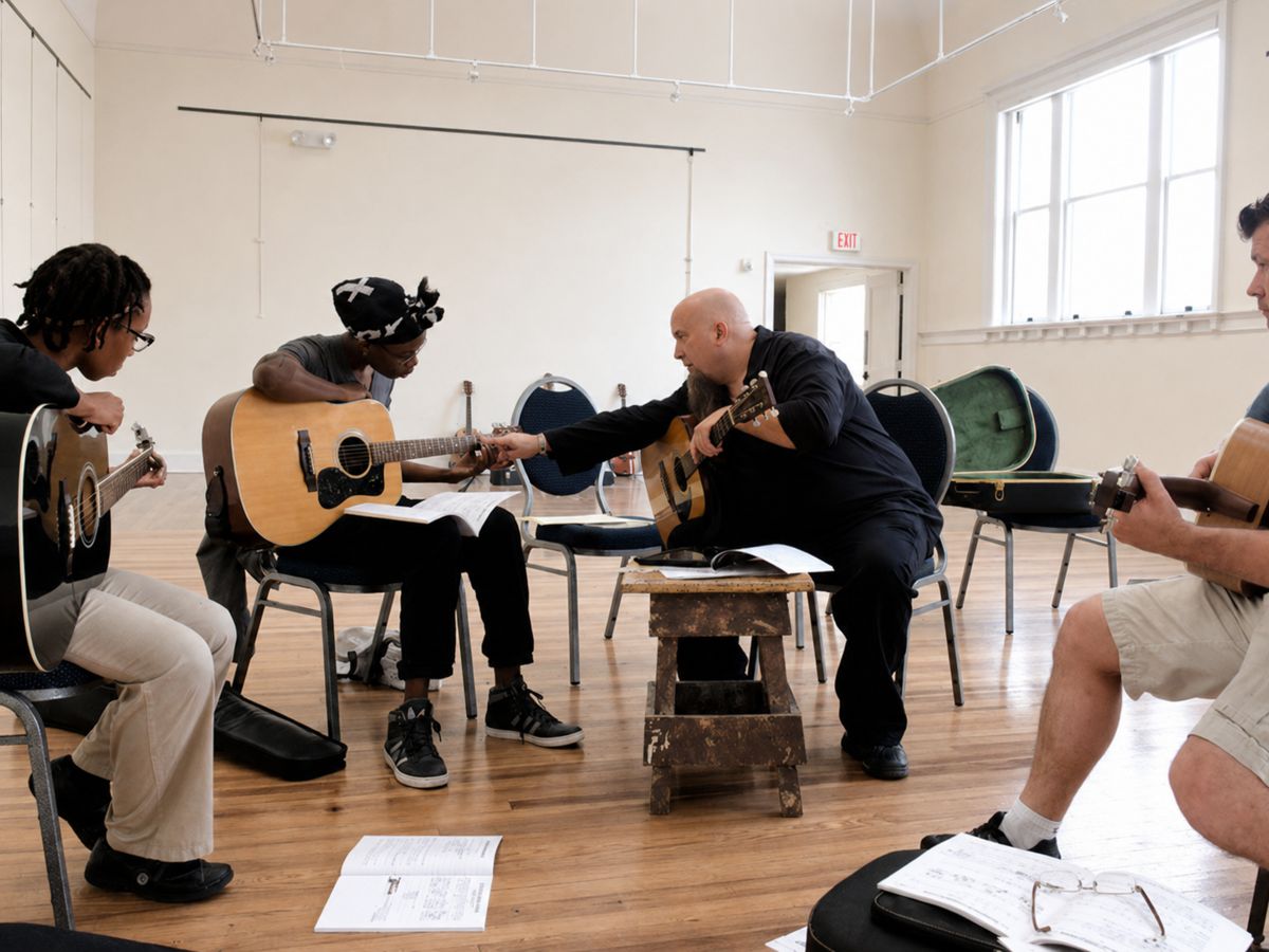 Rod Goelz demonstrating a chord shape to students seated in a circle during a group lesson